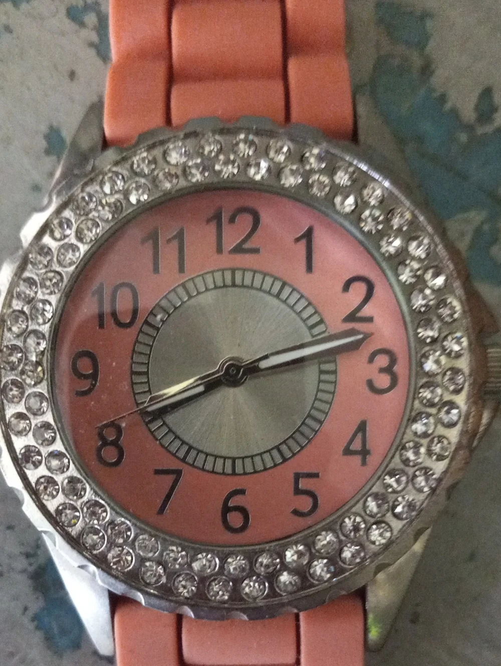 Silver Tone Crystal-Bezel Coral Color Silicone Strap Watch